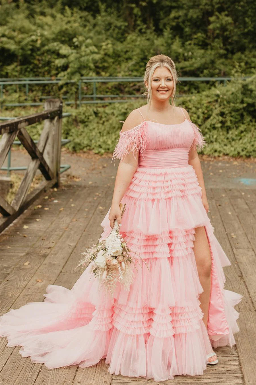 Plus Size Off The Shoulder Pink Ruffles A-Line Party Prom Dress prommirror Plus Size Off The Shoulder Pink Ruffles A-Line Party Prom Dress prommirror