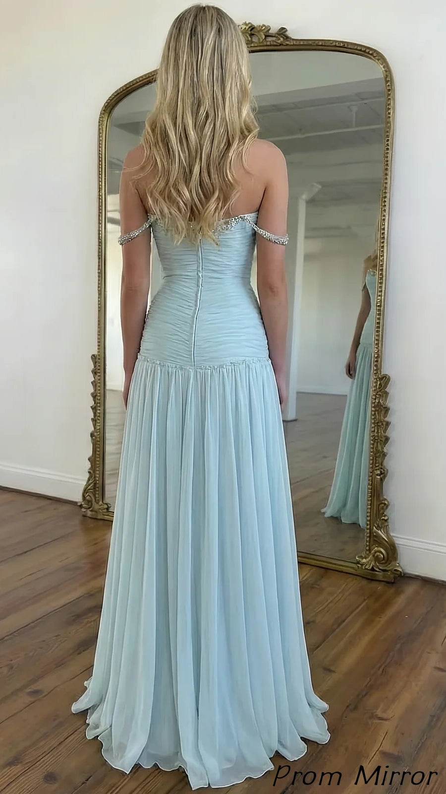 A-Line/Princess Long Prom Dresses Chiffon Off The Shoulder Sleeveless Floor-length Sweep Train Prom Dress With Beads