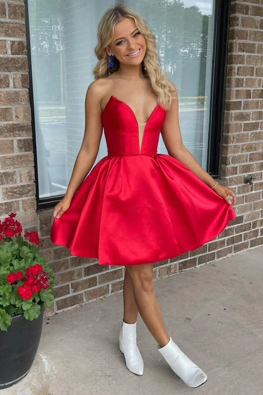 A Line V Neck Red Satin Short Homecoming Dresses