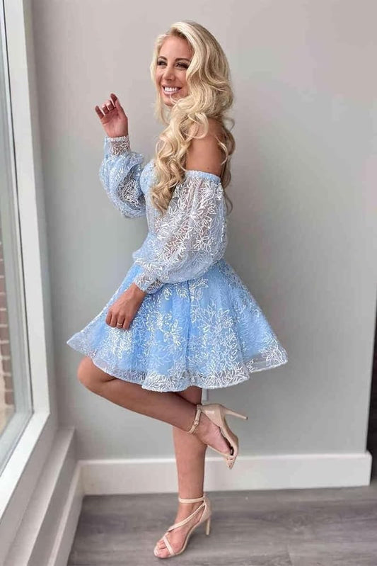 Baby Blue Lace Homecoming Dresses With Bubble Sleeves