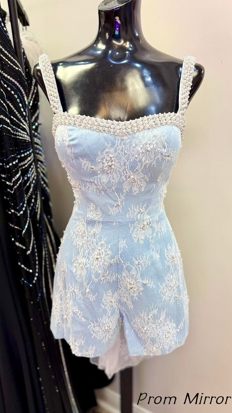 Baby Blue Lace Pearl Beaded Short Homecoming Dress