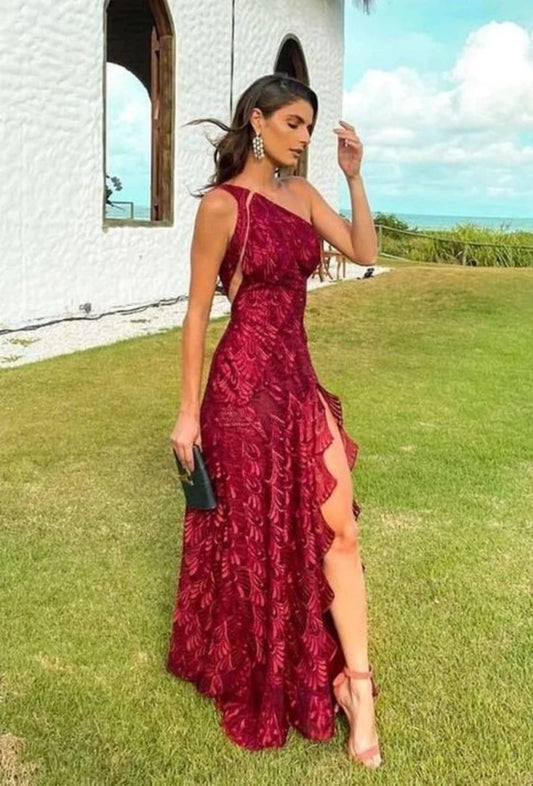 Beautiful Sheath One Shoulder Lace Long Prom Dress Evening Dress