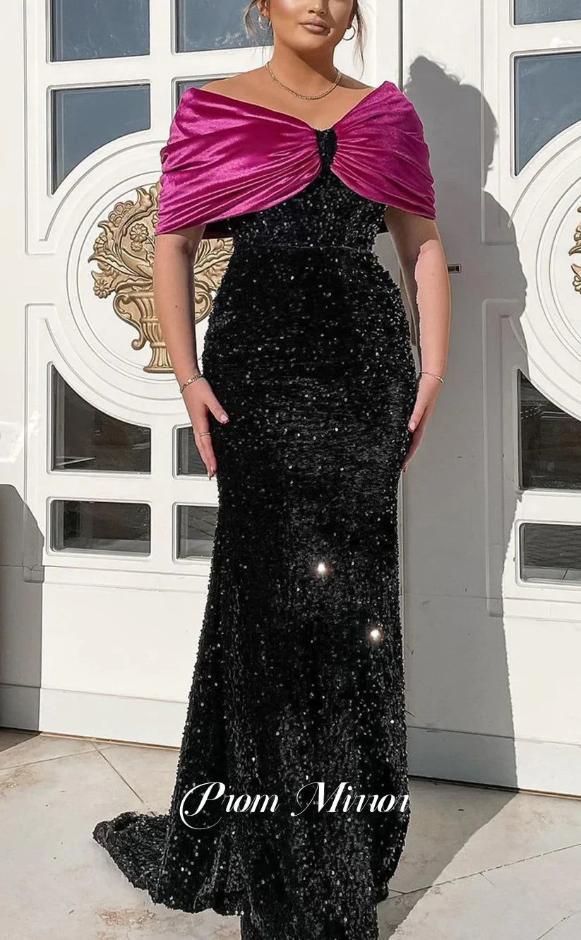 Black Sequin Prom Dresses With Fuchsia Bowknot Shoulder prommirror Black Sequin Prom Dresses With Fuchsia Bowknot Shoulder prommirror