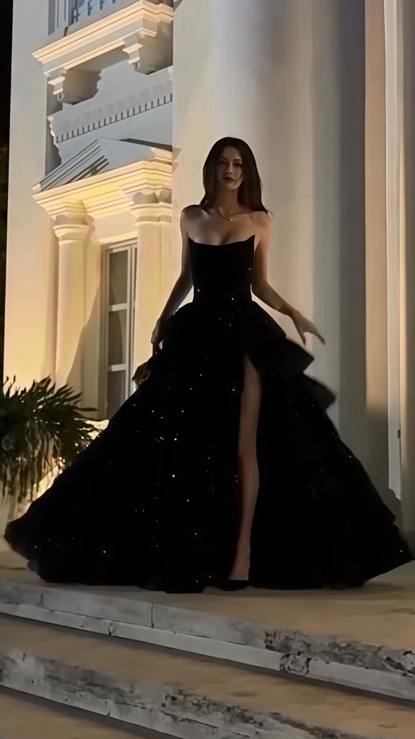 Black A-Line Ruffle Sequin Prom Dresses