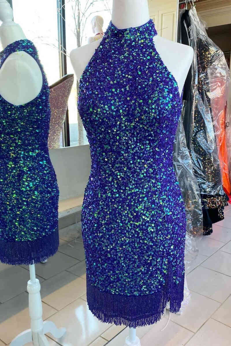Blue High Neck Sequined Bodycon Homecoming Dress with Tassel