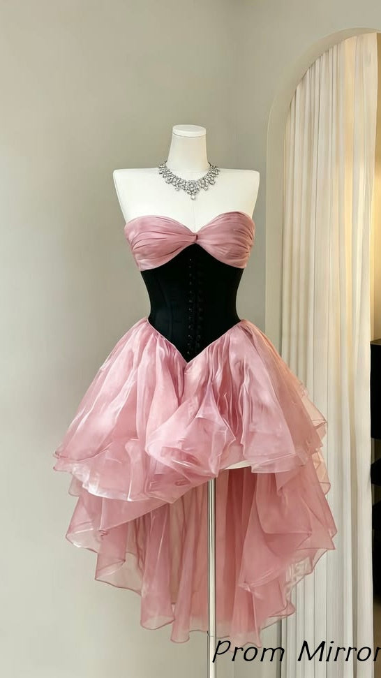 Blush Pink Black Hi-Lo Party Dresses Organza Homecoming Dress