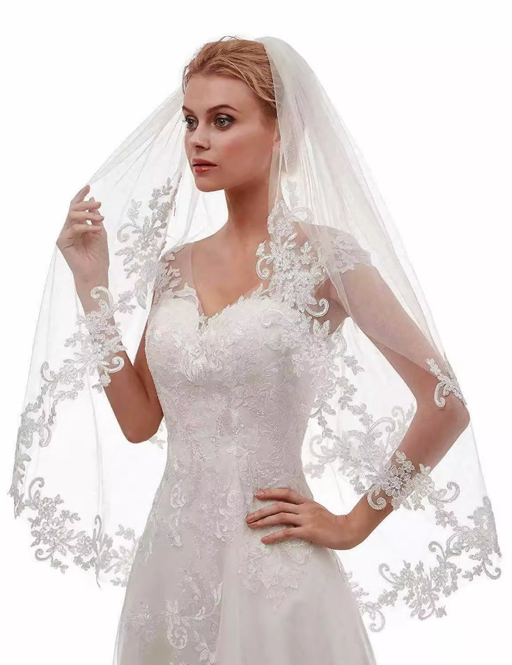 Embroidery Lace White Wedding Veil