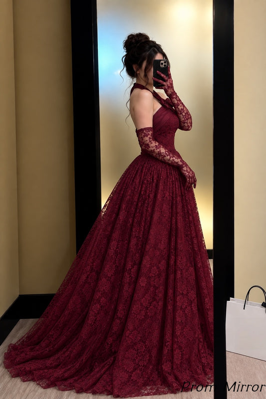 Burgundy A-Line Lace Long Prom Dresses, Evening Dress