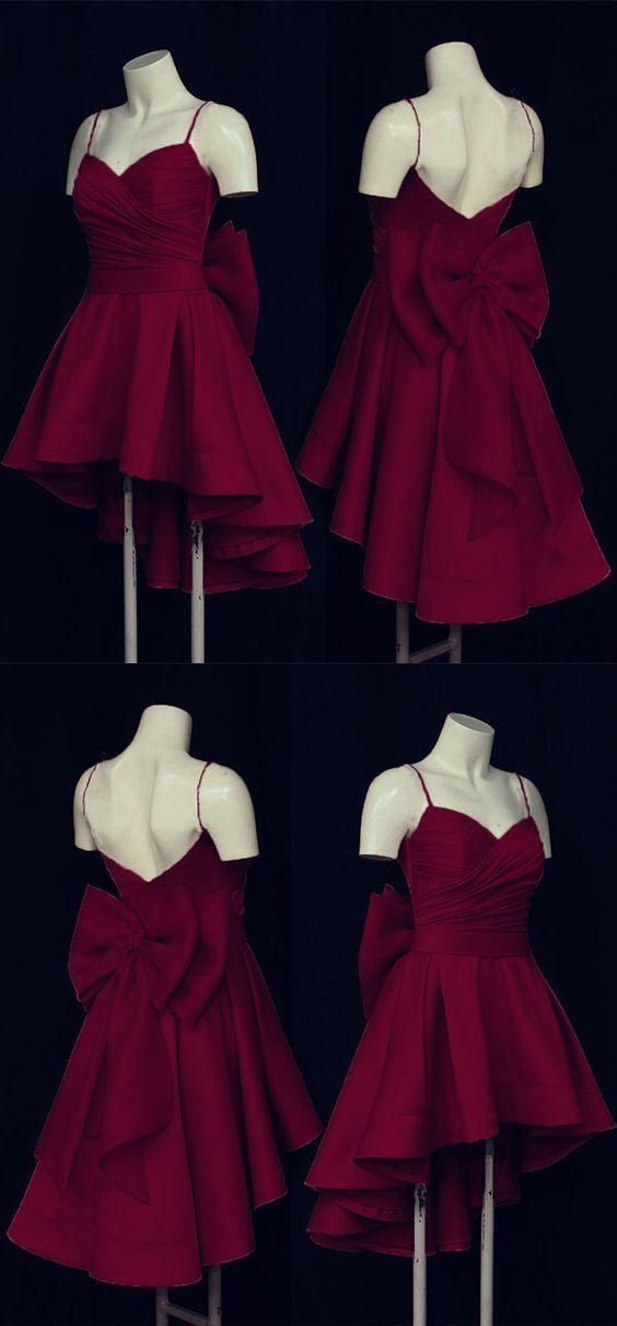 Burgundy A Line Spaghetti Straps Satin Back With Bow Short Homecoming Dress 18th Birthday Outfits