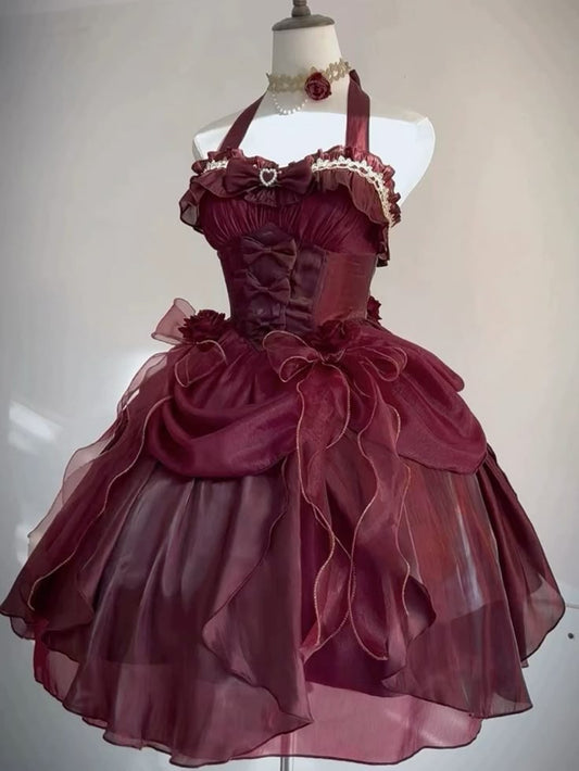 Retro Ball Gown Halter Burgundy Chiffon With Bow Mini Short Homecoming Dress 19th Birthday Outfits
