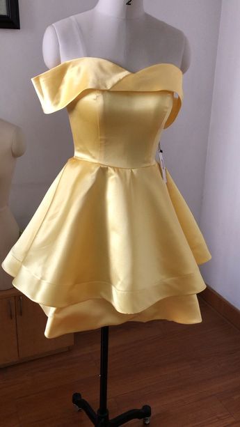 Yellow Cute A Line Off The Shoulder Layer Satin Short Homecoming Dress 17th Birthday Outfits