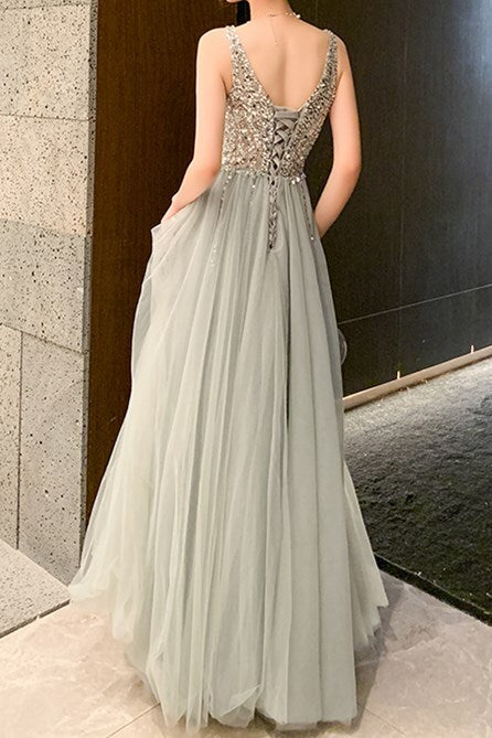 Classic A-line Grey and Silver Sequins Formal Dress