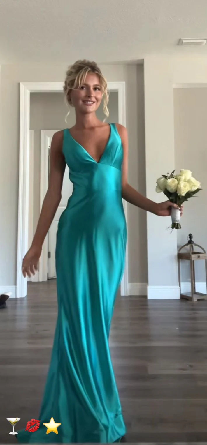Classy A line V Neckline Blue Satin Sleeveless Long Prom Dresses