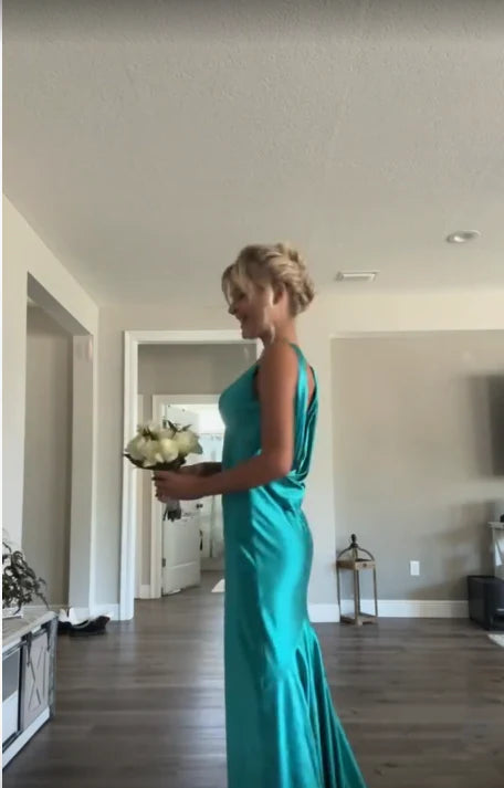 Classy A line V Neckline Blue Satin Sleeveless Long Prom Dresses