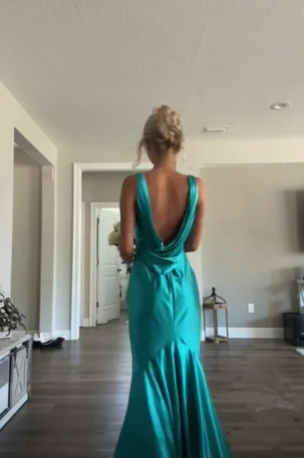 Classy A line V Neckline Blue Satin Sleeveless Long Prom Dresses