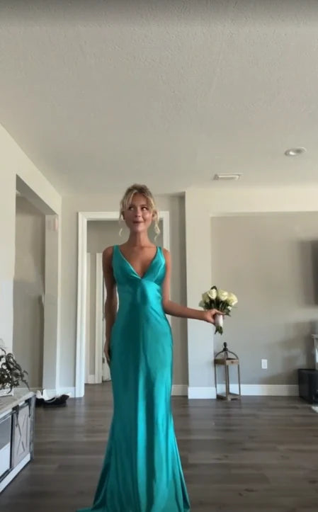 Classy A line V Neckline Blue Satin Sleeveless Long Prom Dresses