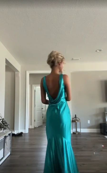 Classy A line V Neckline Blue Satin Sleeveless Long Prom Dresses
