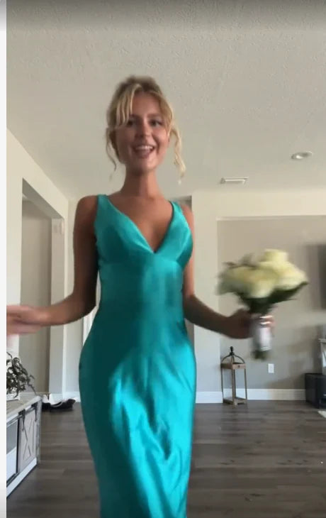 Classy A line V Neckline Blue Satin Sleeveless Long Prom Dresses