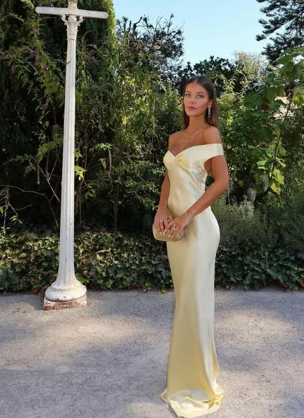 Classy Mermaid Off The Shoulder Yellow Satin Long Evening Dress Prom Dresses