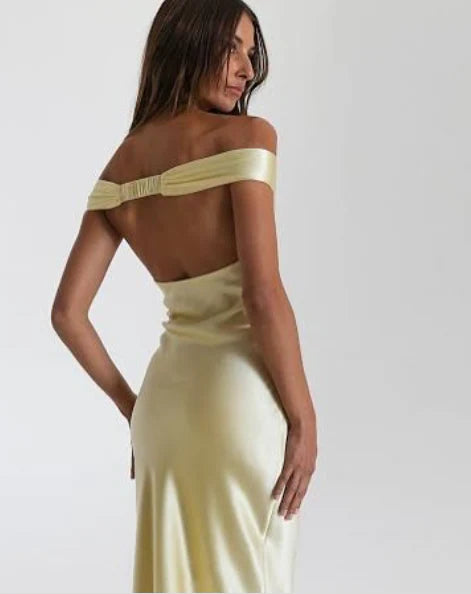 Classy Mermaid Off The Shoulder Yellow Satin Long Evening Dress Prom Dresses