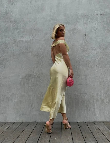 Classy Mermaid Off The Shoulder Yellow Satin Long Evening Dress Prom Dresses
