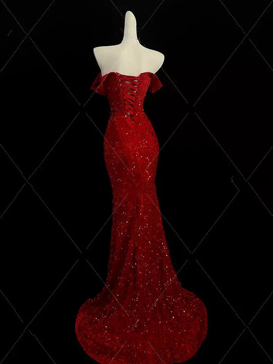 Classy Mermaid Sweetheart Red Slit Sequin Long Evening Gowns Prom Dress