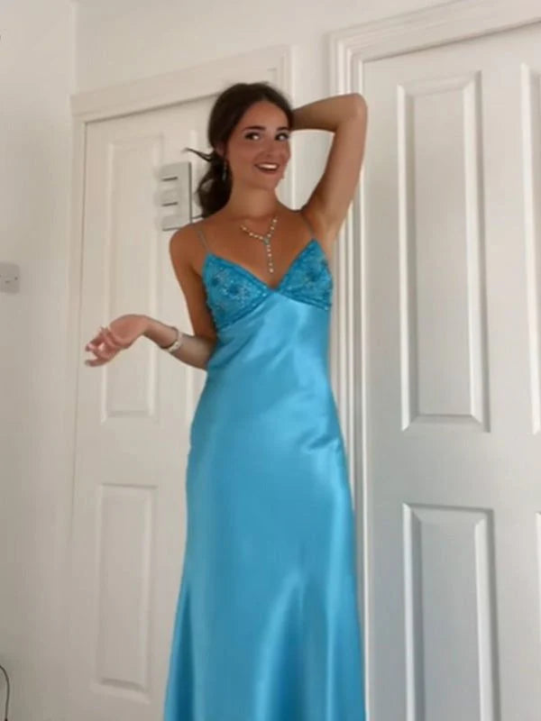 Classy Spaghetti Strap Sleeveless Mermaid Satin Long Prom Dresses