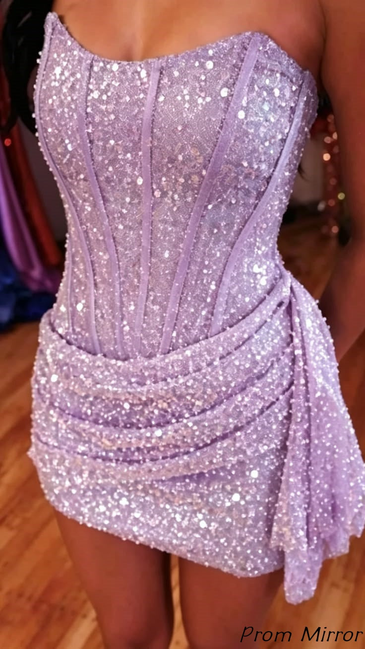 Prom Mirror Cute Homecoming Dresses Sky Blue Strapless Bodycon Sequin Hoco Dress