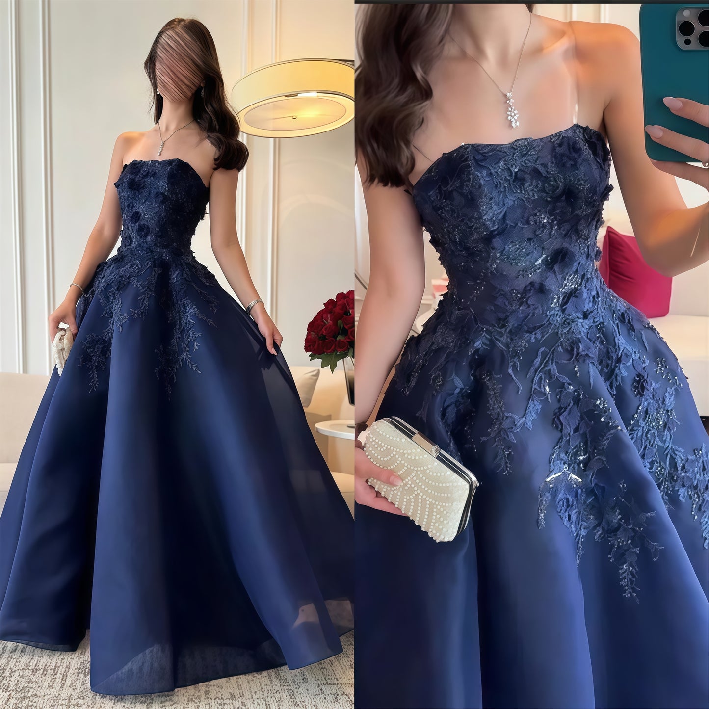 Dark Blue A-Line Prom Dress Strapless Applique Evening Dance Dress