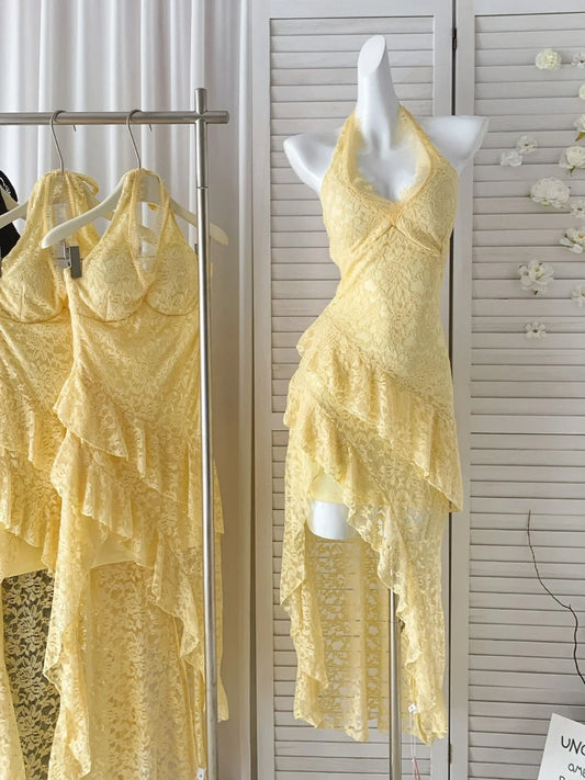 Fashion Butter Yellow Summer Dress Halter Neck A-Line Lace Vacation Dress Short Party Dress Simple Evening Dress