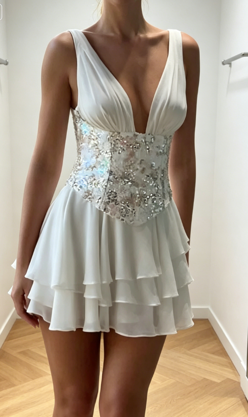 Chic White Homecoming Dress V-enck Chiffon Birthday Dress Sheath Graudation Party Dress