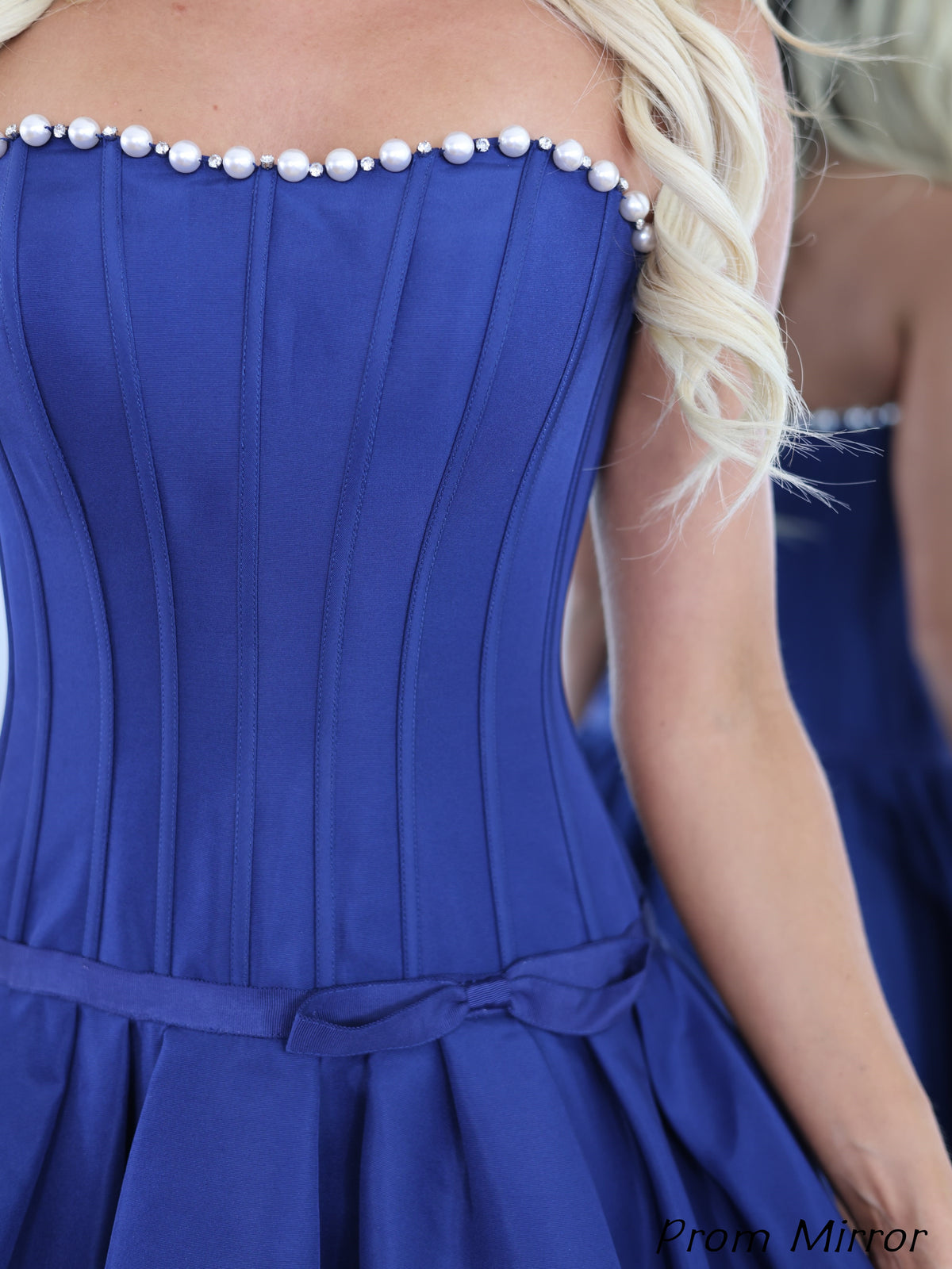 Elegant Blue Strapless Pearl Beaded Homecoming Dresses, Short Prom Dresses