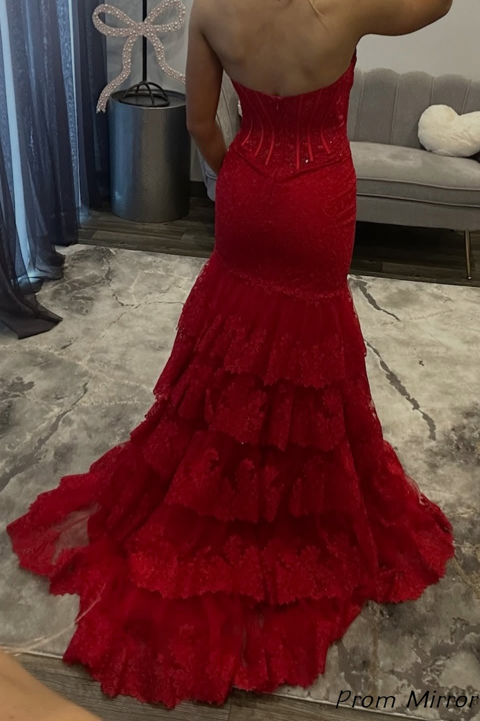 Elegant Strapless Red Appliques Beaded Lace Mermaid Prom Dresses