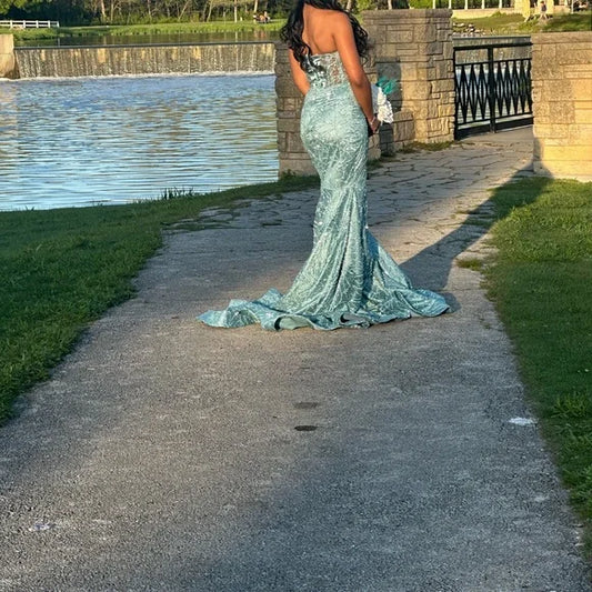 Elegant Teal Strapless Prom Gown