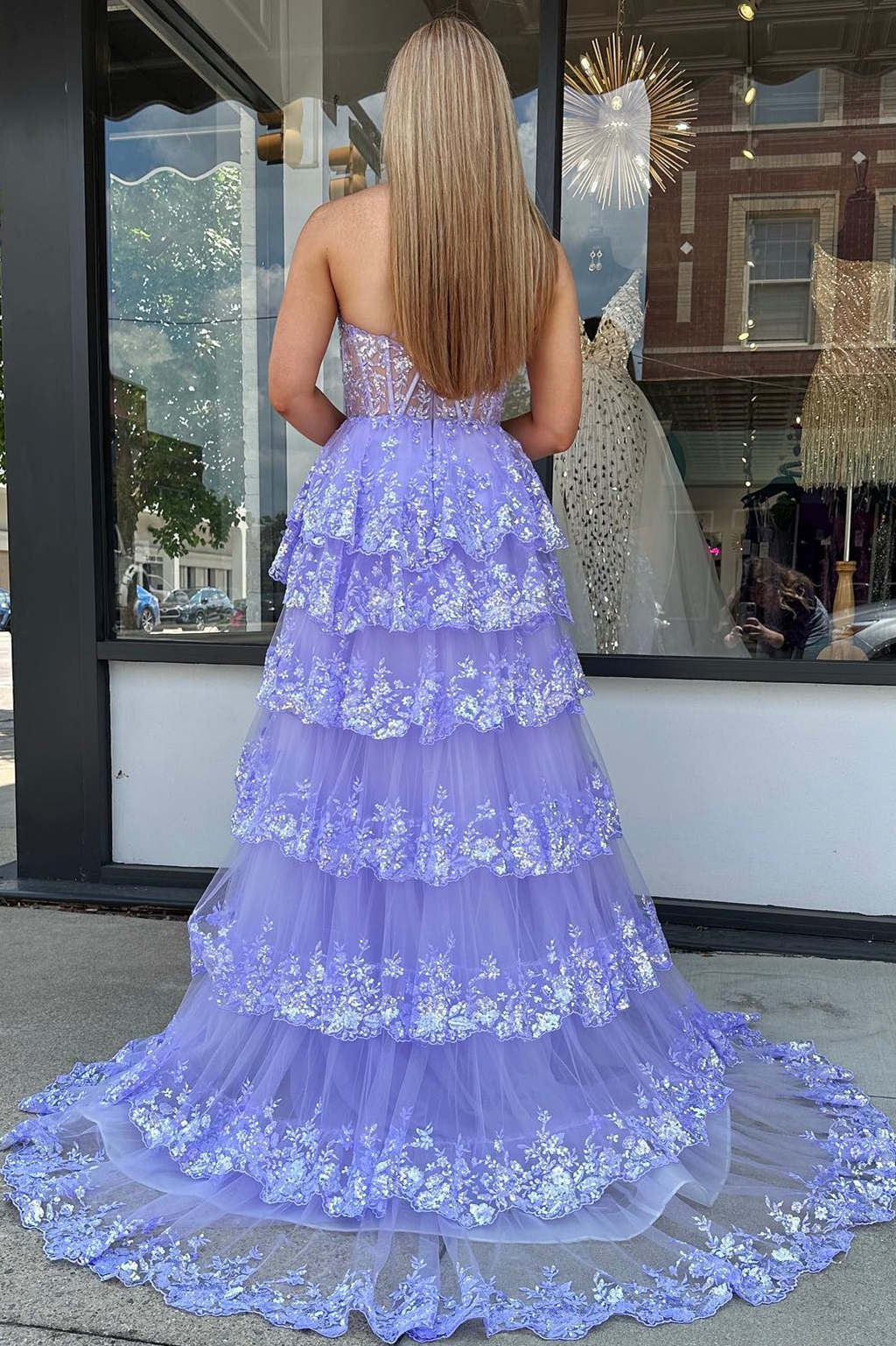 One Shoulder Ruffles Sequined Lace Prom Evening Dresses
