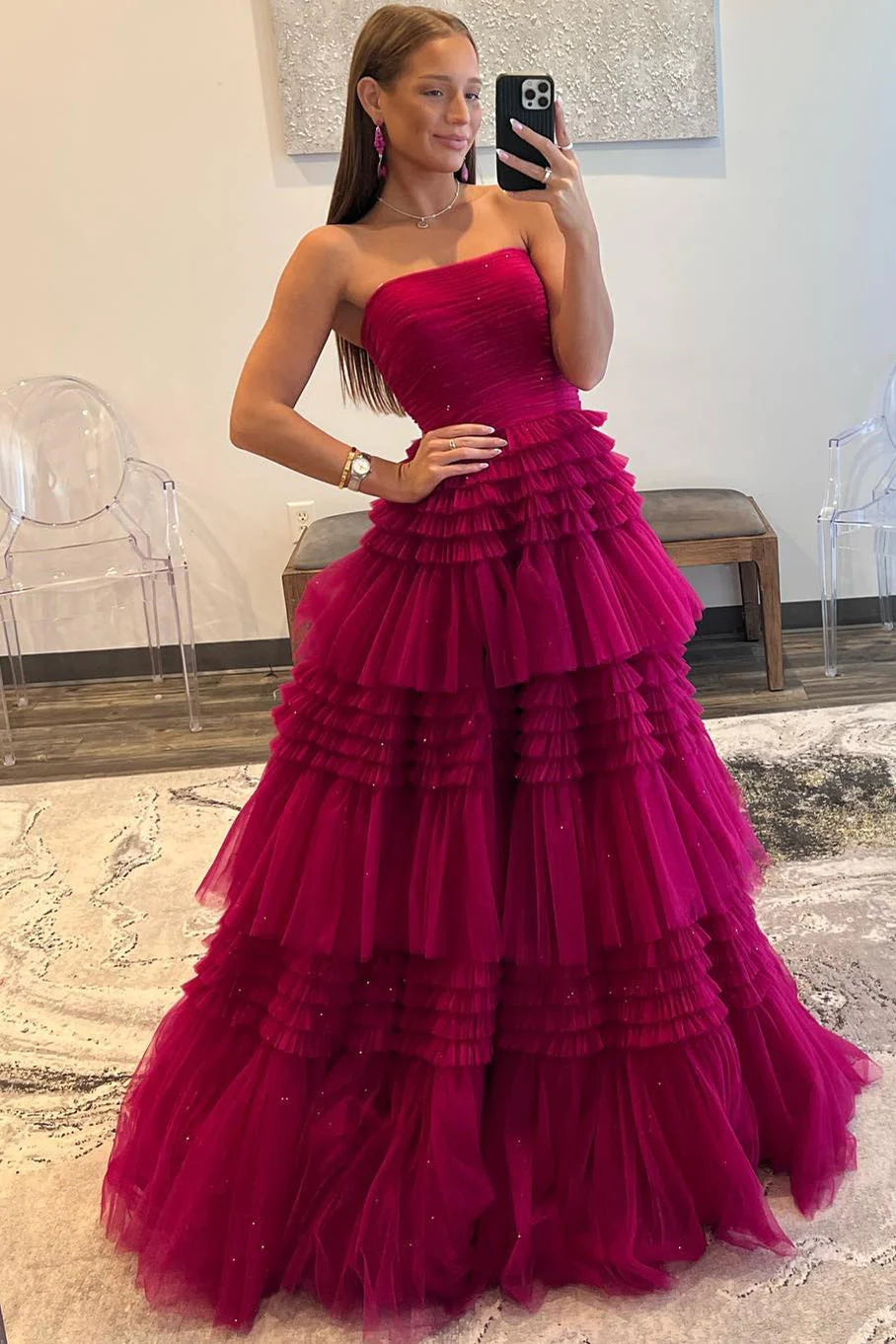 Fuchsia Strapless Tulle Multi-Layers Long Evening Prom Dress