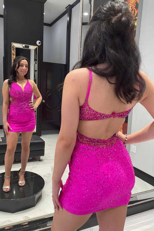 Fuscia Straps Sheath Mini Homecoing Dress, Sparkly Sleeveless Bodycon Dress