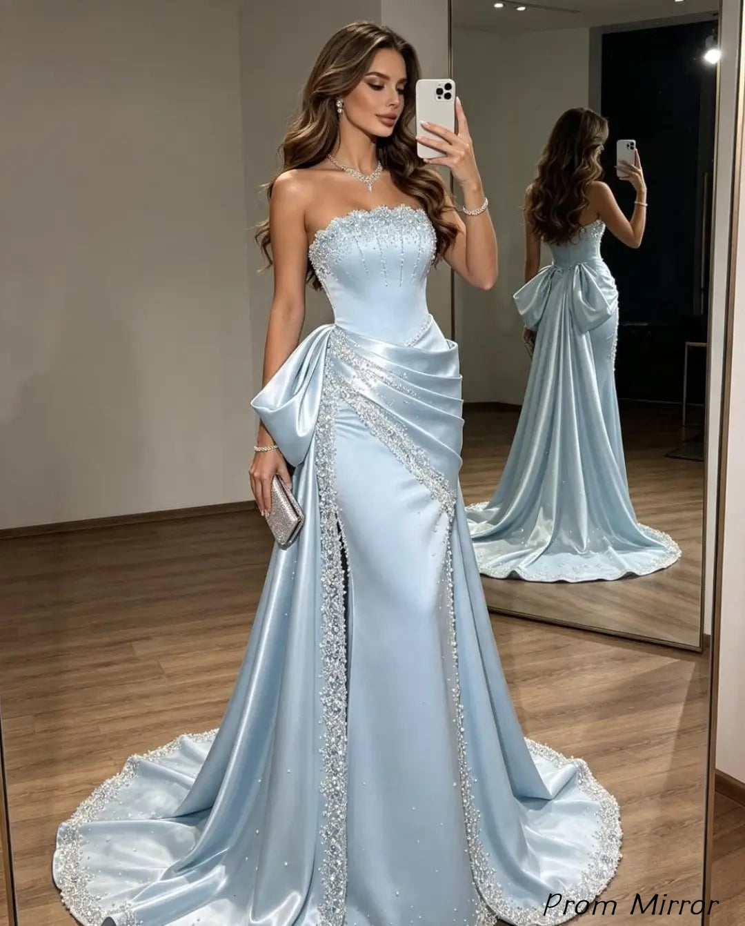 Gorgeous Baby Blue Strapless Beaded Mermaid Long Prom Dress, Evening Dresses