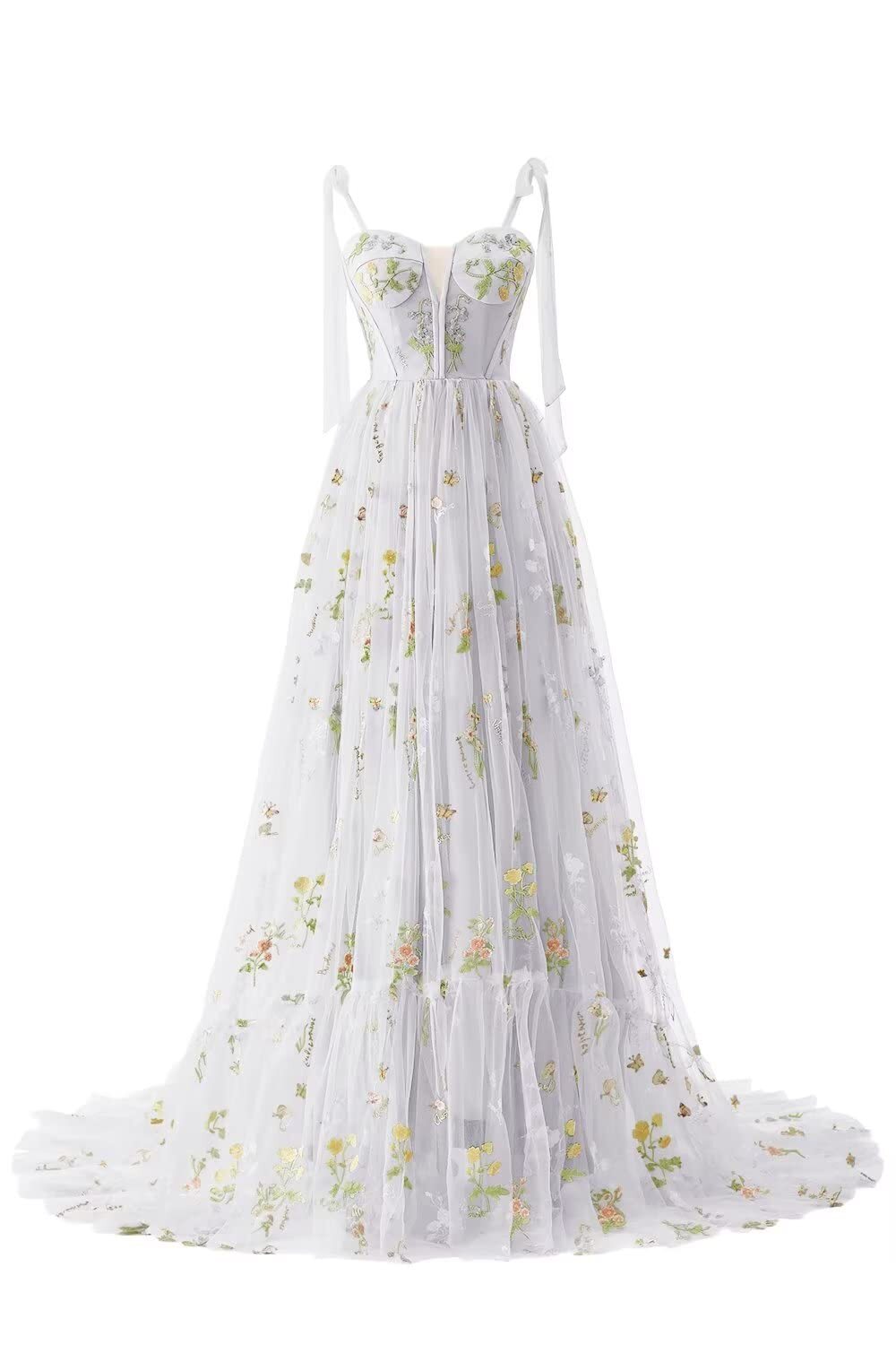 Green Floral A-line Long Formal Dress with Shoulders
