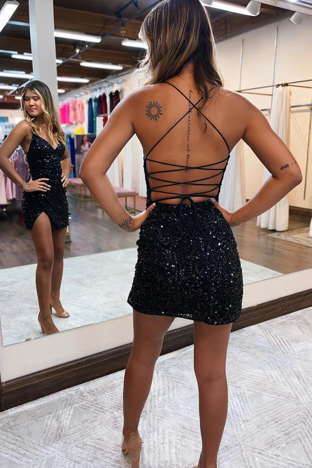 PM509,Glitter Royal Blue Spaghetti Straps Sequins Backless Tight Homecoming Dress With Slit