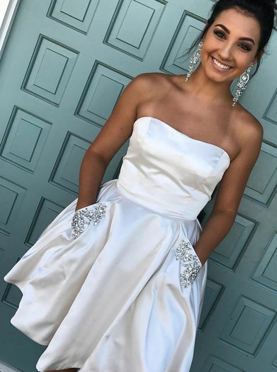 Homecoming Dress Strapless Blue Satin Short Homecoming Dresses