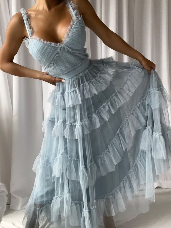 Light Blue Tulle Layers Long Prom Dress