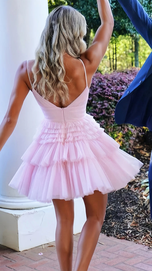 Light Pink Tulle Homecoming Dress, Spaghetti Straps Tiered Mini Party Gown