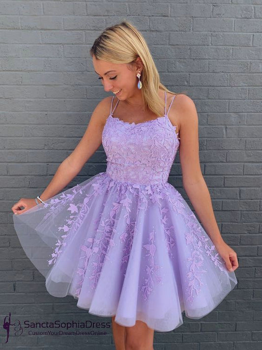 Lilac A-Line Homecoming Dress Applique Tulle Cocktail Gown