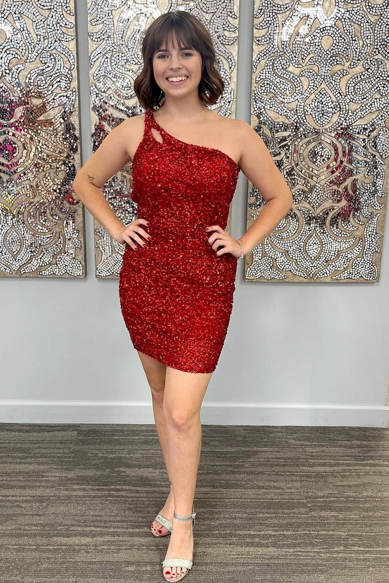 Cute One Shoulder Sequin Backless Homecoming Dress