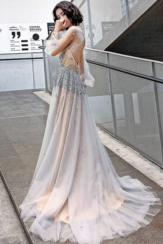 Luxurious Long Sleeves Silver Sequins Long Evening Dress
