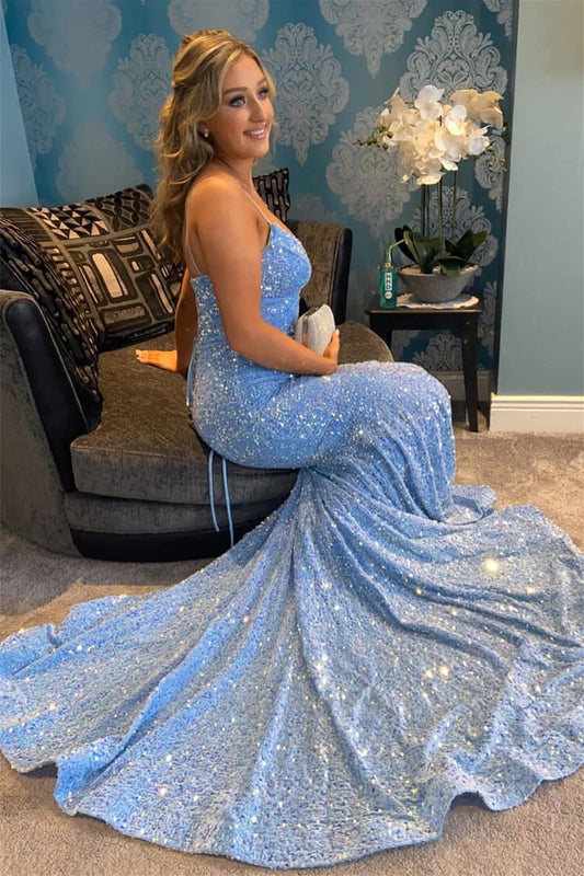 Mermaid Light Blue Sequin Long Prom Dresses