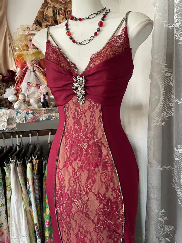 Mermaid Spaghetti Straps Red Lace Prom Dresses Long Party Dress