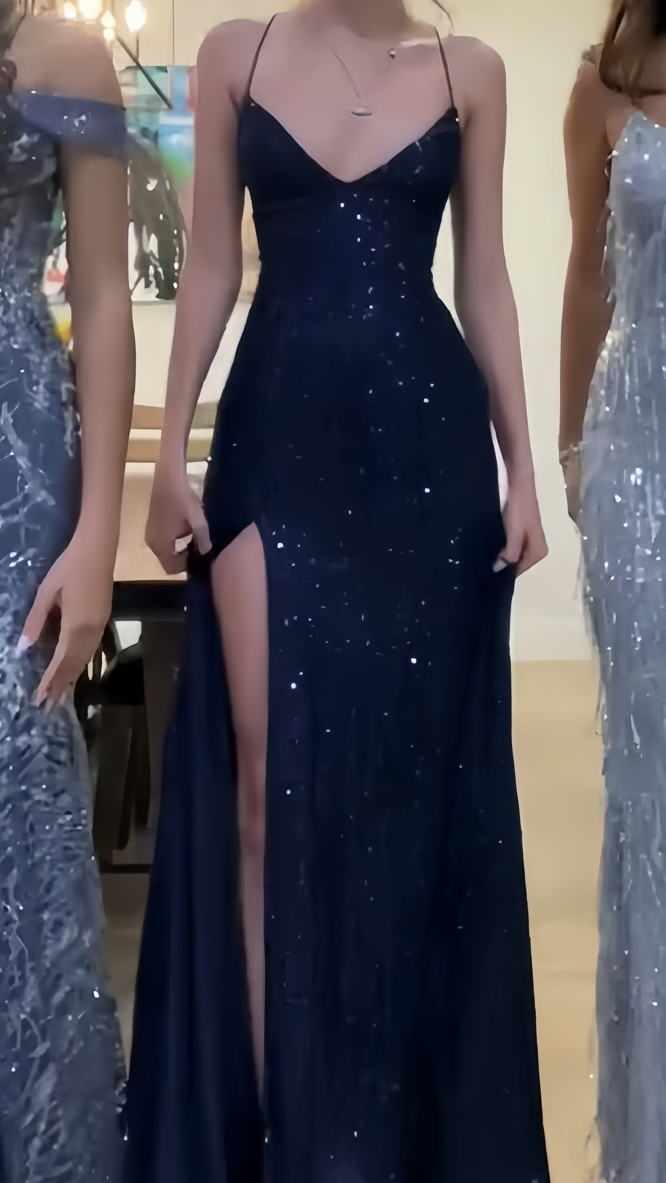 Navy Blue Sequin Mermaid Prom Dress V-Neck Cross Back Long Evening Gow
