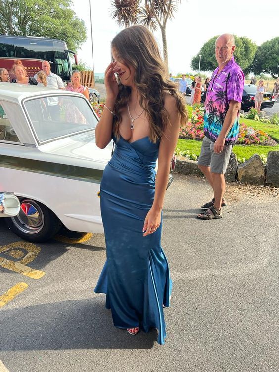 Navy Blue V-neck Long Prom Dress
